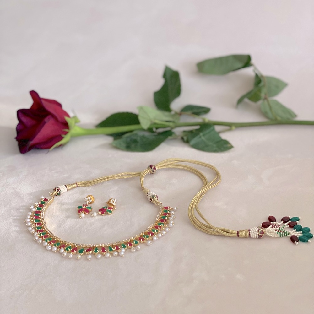 Womens Pink and Green Necklace and Earring Set
